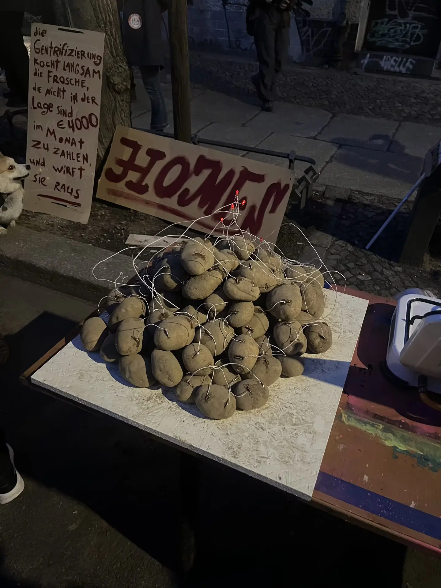Artist Marina Resende Santos created a performative installation using smoke-damaged potatoes from the basement, repurposing them to generate electricity for the house.